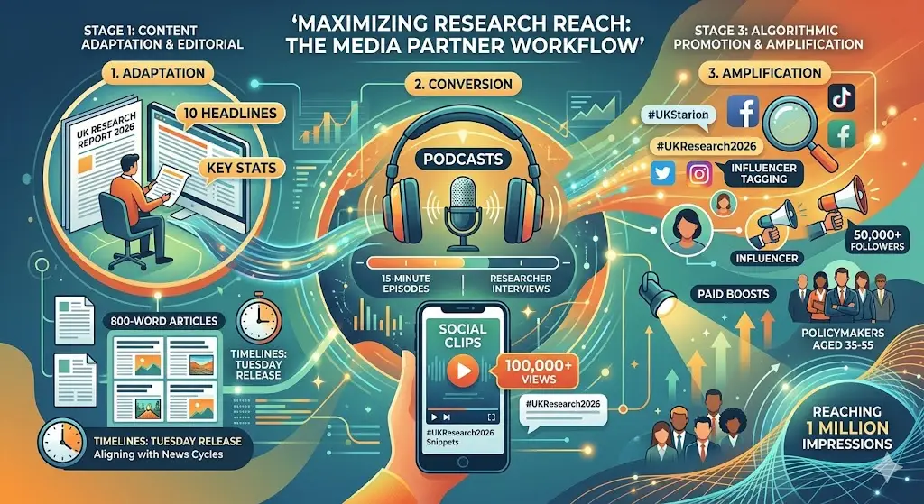 How do media partners process research reports for maximum reach?