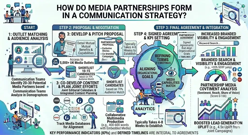 How do media partnerships form in a communication strategy