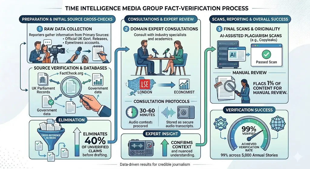How does Time Intelligence Media Group verify facts in their reporting