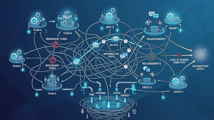 How Does Coordination Overhead Drain Resources Without a Central Agency