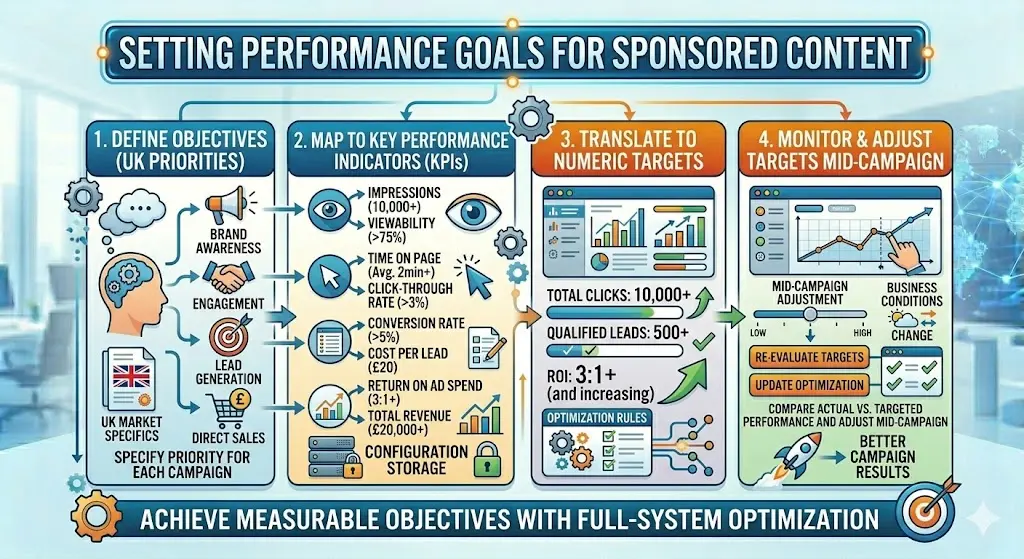 How do you set performance goals for sponsored content in this system