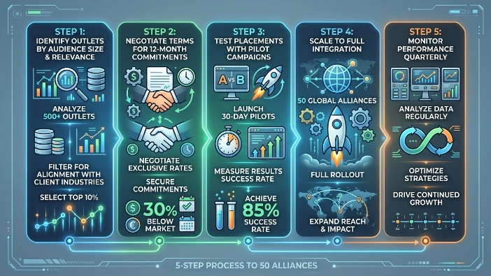 How does Time Intelligence Media Group build these 50 global alliances