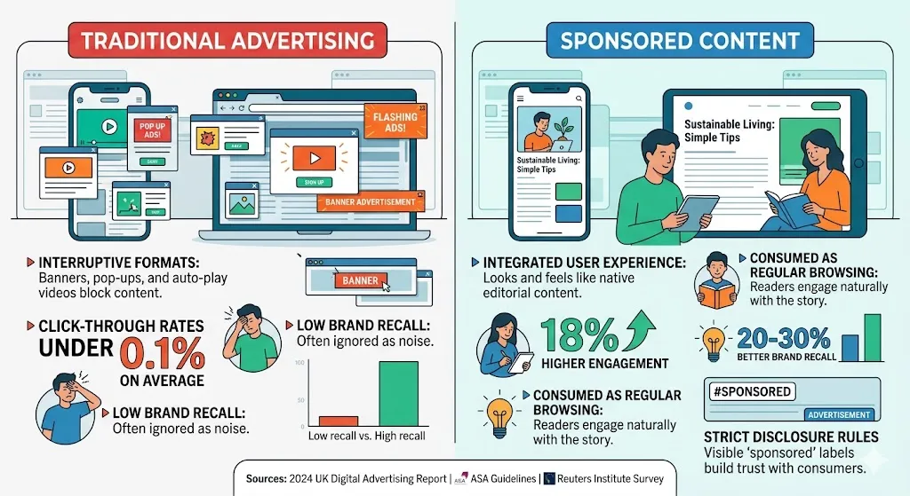 How does sponsored content differ from traditional advertising