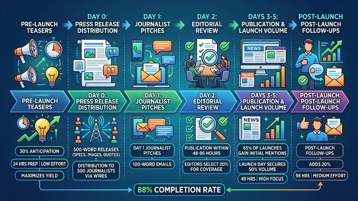 How does the process of media coverage for product launches work