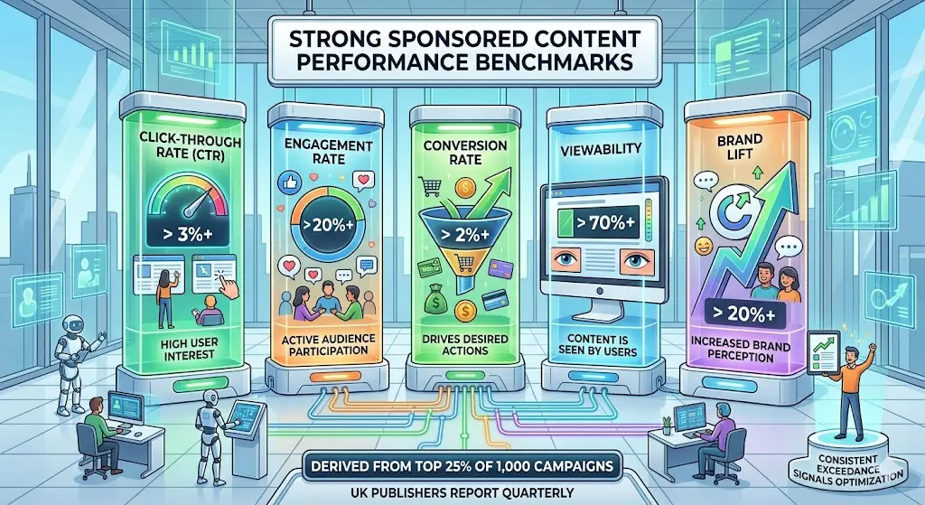 What benchmarks define strong sponsored content performance