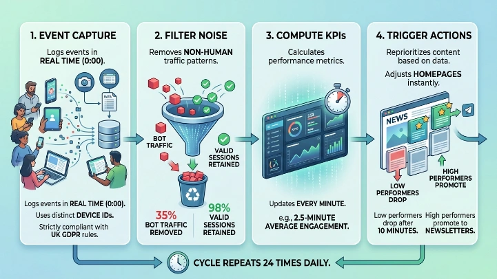 What processes optimise news strategy with real-time data