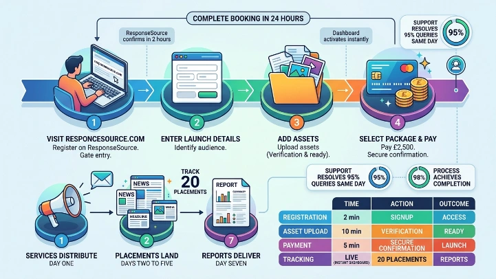 What steps complete booking media coverage for your launch