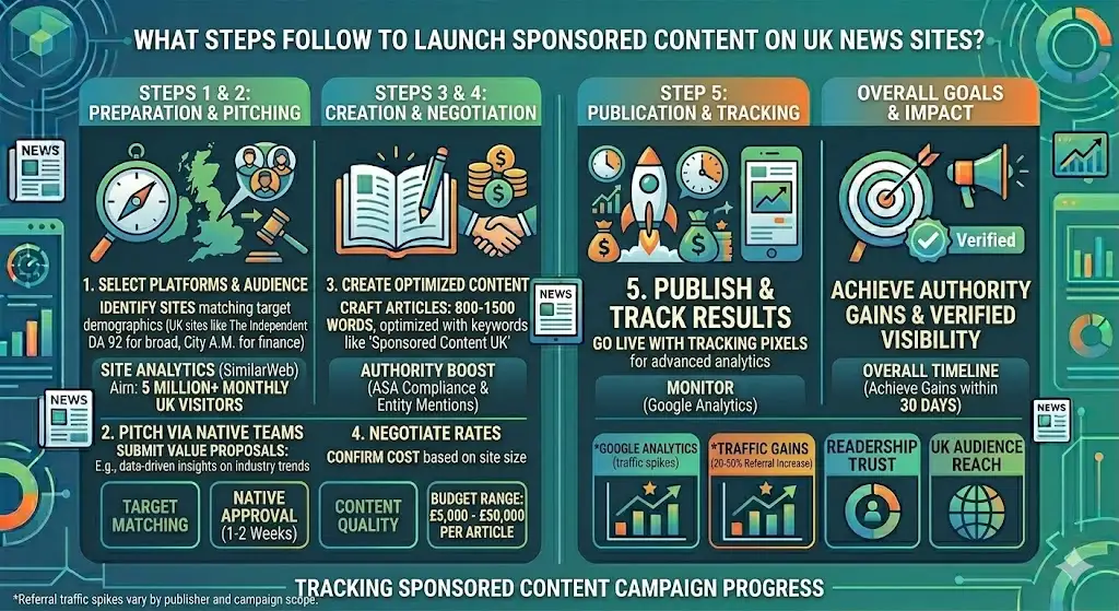 What steps follow to launch sponsored content on UK news sites?