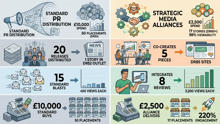 What use cases highlight differences between standard PR distribution and strategic media alliances