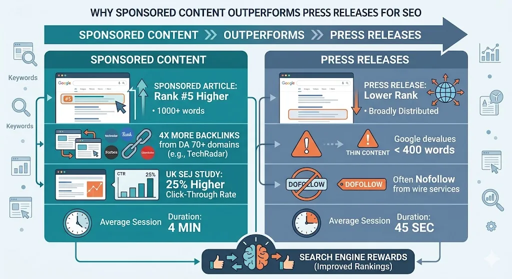 Why does sponsored content outperform press releases for SEO