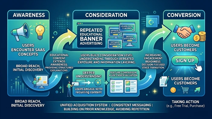 How do SaaS funnel stages connect from education to conversion