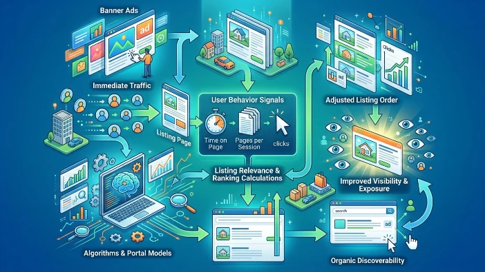 How do banner ads interact with organic search and listing performance