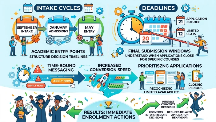 How do deadlines and intake cycles influence student enrolment decisions?