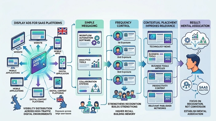 How do display ads create awareness for SaaS platforms?