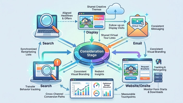How do display ads integrate with other channels to strengthen consideration