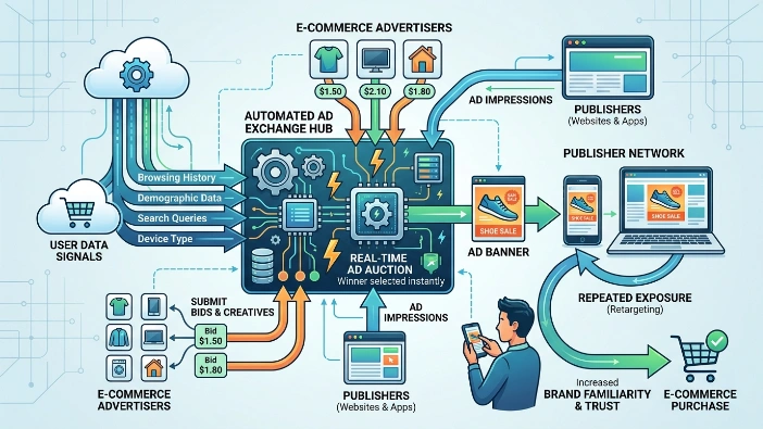 How do display banner ads function in e-commerce marketing ecosystems