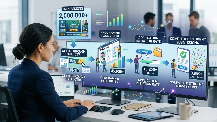 How do education brands measure success in application-focused banner campaigns