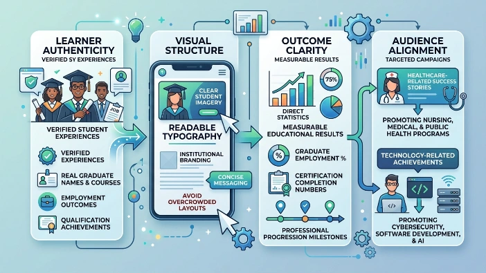 How do education providers create effective success story banner ads