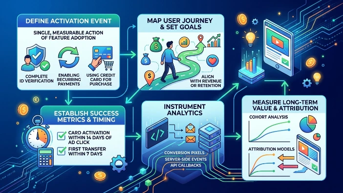 How do fintech teams define the activation event for feature-driven ads?