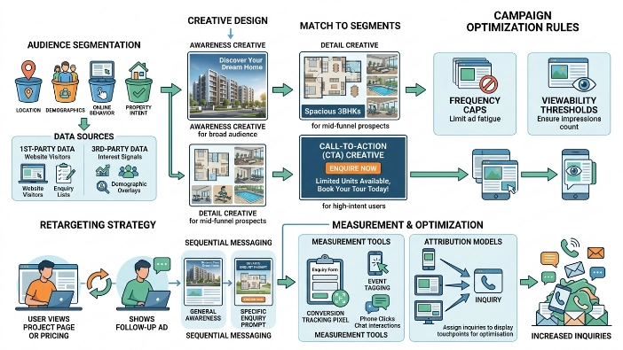 How do housing societies use display campaigns to increase inquiries?