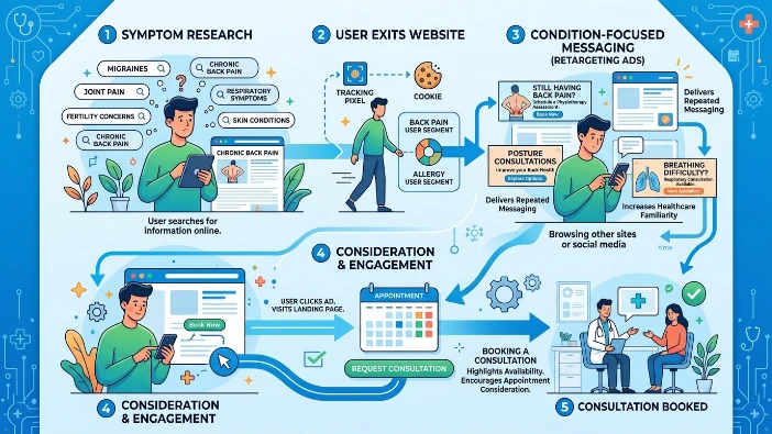 How do medical centers move patients from awareness to consultation using retargeting