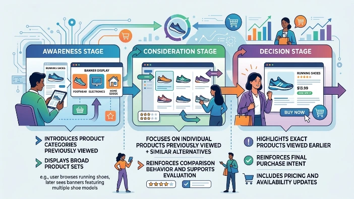 How do product-focused banner campaigns nurture shoppers across the journey