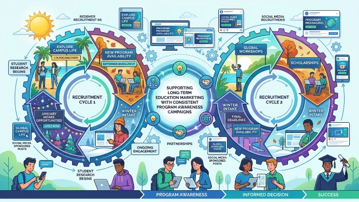How do program awareness banner campaigns support long-term education marketing