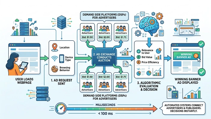How do programmatic banner ads operate in real-time advertising systems
