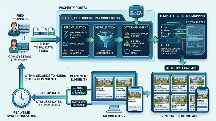 How do property portals generate listing-based ads from feeds
