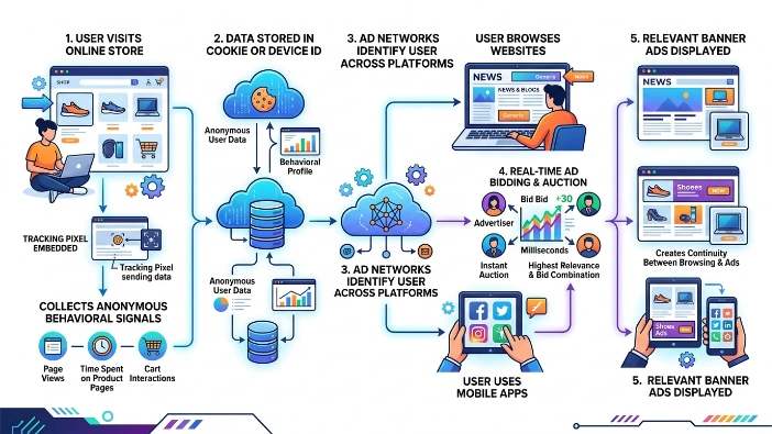 How do retargeting banner ads work across websites and apps