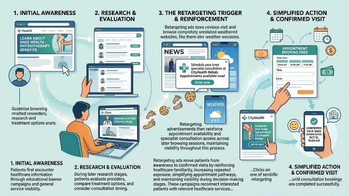 How do retargeting ads move patients from awareness to confirmed visits?
