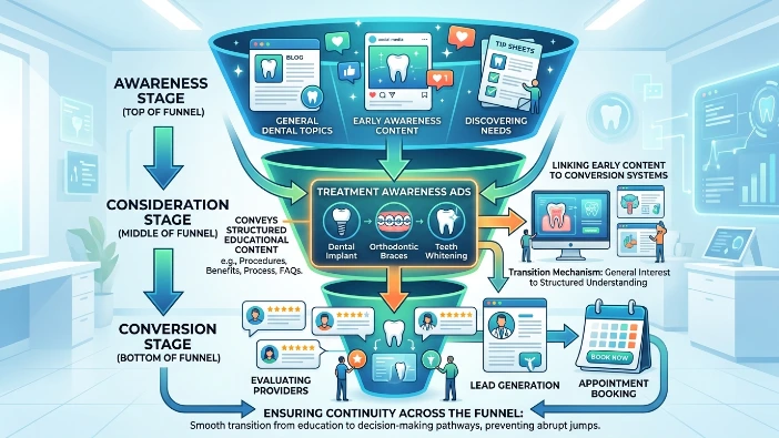 How do treatment awareness ads connect to the full dental marketing funnel