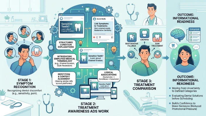 How do treatment awareness ads guide dental patients during decision-making