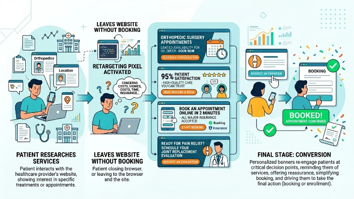 How does banner retargeting support the final stage of the healthcare funnel