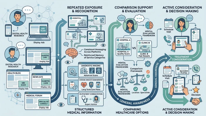 How does display advertising increase treatment consideration in healthcare journeys?