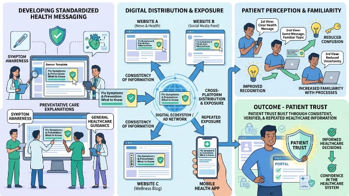 How does informational banner advertising build patient trust?