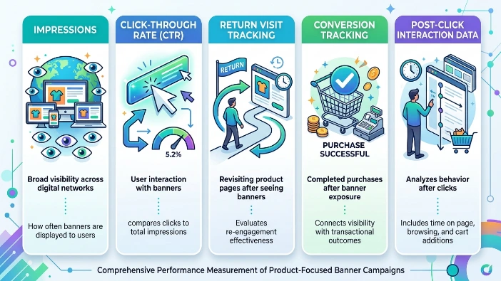 How is performance measured in product-focused banner campaigns