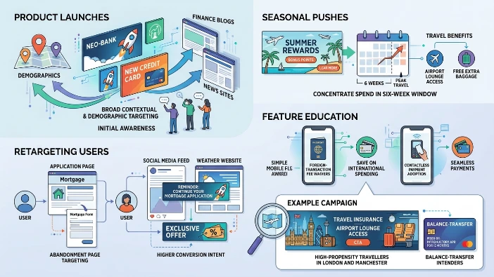 What are typical use cases and examples for display campaigns in finance