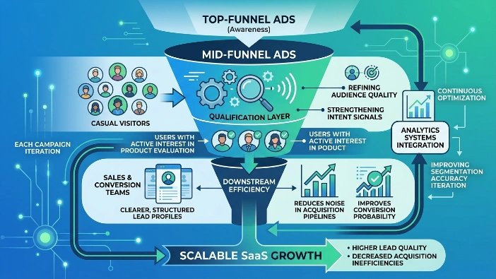 What is the overall role of mid-funnel ads in SaaS growth strategy