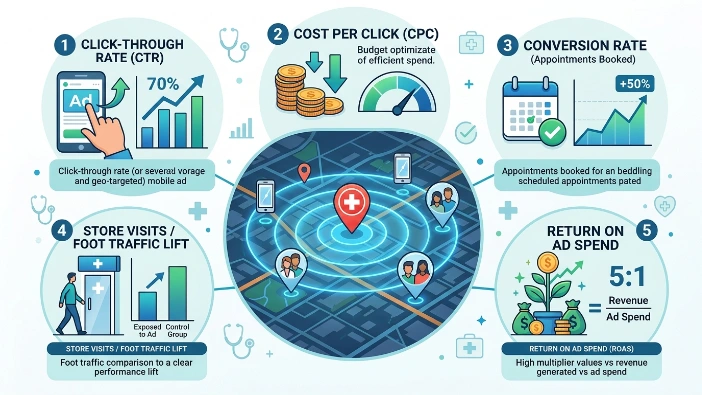 What metrics measure the performance of geo-targeted clinic advertising