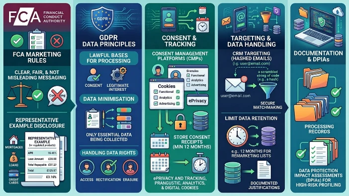 Which compliance and privacy practices must finance advertisers follow in the UK