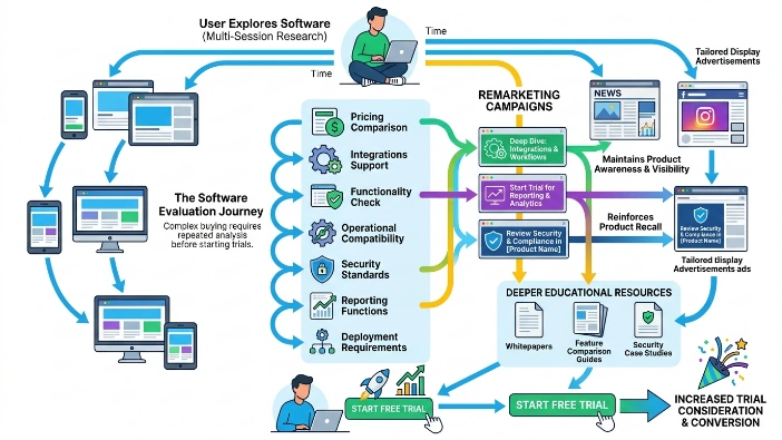 Why do tech companies use remarketing to increase trial consideration