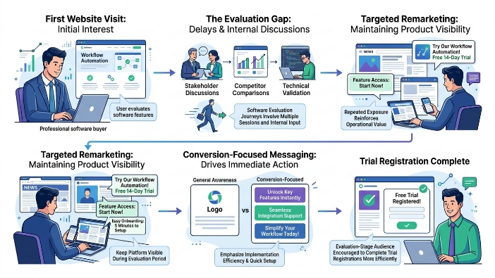 Why do tech companies use remarketing to increase trial conversions