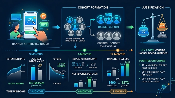How do apps measure long-term value from banner-driven orders