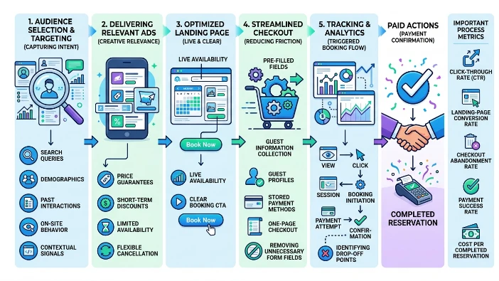 How do booking platform ads convert browsing intent into paid actions