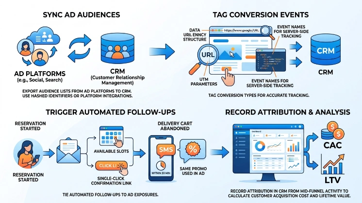How do businesses connect mid-funnel ads to final sales and CRM workflows