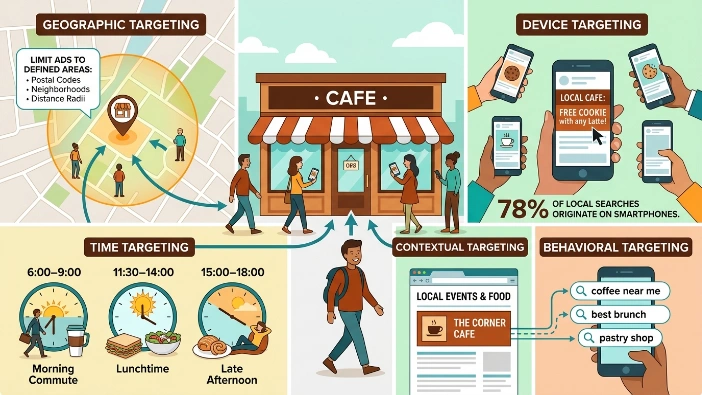 How do cafes use targeting to reach nearby customers