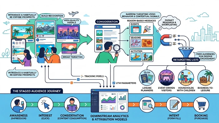 How do destination ads fit into the awareness-to-booking process