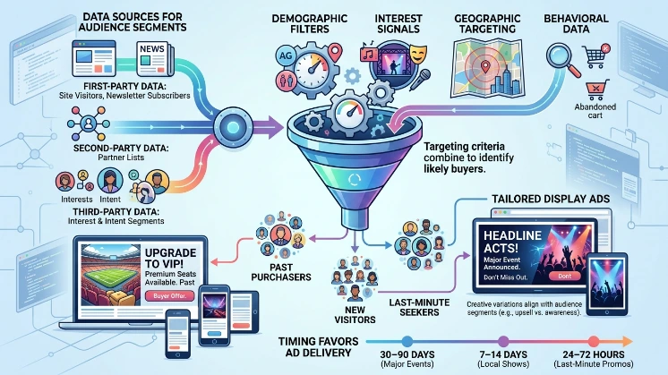 How do display campaigns reach and target likely ticket buyers?