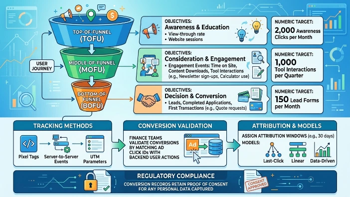 How do finance companies define conversion goals for display campaigns
